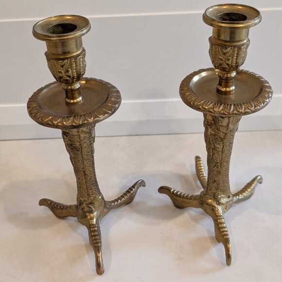 Vintage Ornate Brass Birds Feet / Turkey Feet / Claw Feet Candlestick Holders - Picture 5 of 7